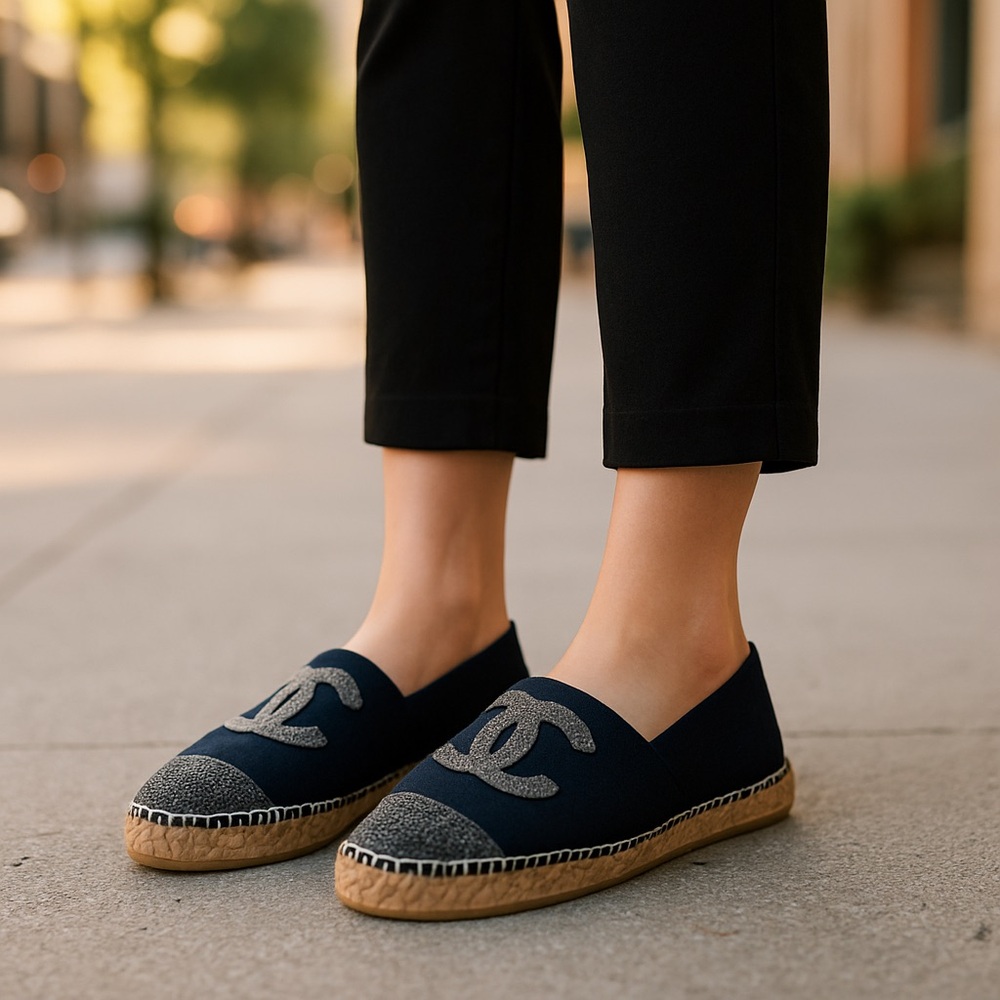 CHANEL Wool Navy Blue and Gray Espadrilles